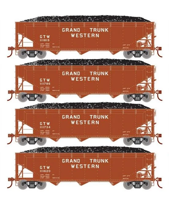 Athearn RTR 33087 HO Scale 40' Offset Coal Hopper W/Load Grand Trunk Western GTW 4-Pack #1 1 Athearn RTR 33087 HO Scale 40' Offset Coal Hopper W/Load Grand Trunk Western GTW 4-Pack #1