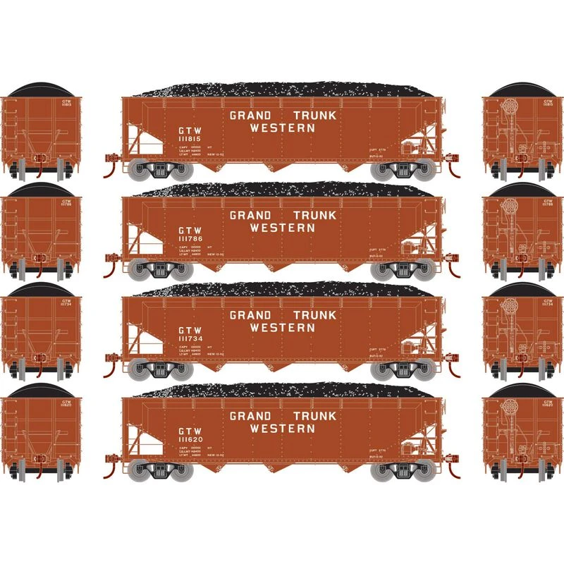 Athearn RTR 33087 HO Scale 40' Offset Coal Hopper W/Load Grand Trunk Western GTW 4-Pack #1 2 Athearn RTR 33087 HO Scale 40' Offset Coal Hopper W/Load Grand Trunk Western GTW 4-Pack #1 - Image 2