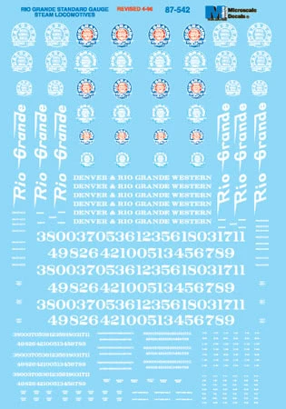 Microscale Decals 87-542 HO Scale Rio Grande D&RGW Standard Gauge Steam Locomotives 1 Microscale Decals 87-542 HO Scale Rio Grande D&RGW Standard Gauge Steam Locomotives
