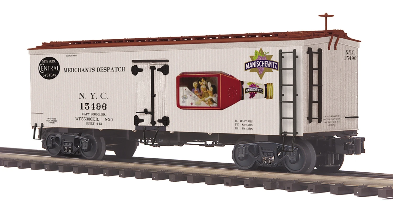MTH Premier 20-94657 O Scale 36' Wood Reefer New York Central NYC (Manischewitz Wine) 1 MTH Premier 20-94657 O Scale 36' Wood Reefer New York Central NYC (Manischewitz Wine)